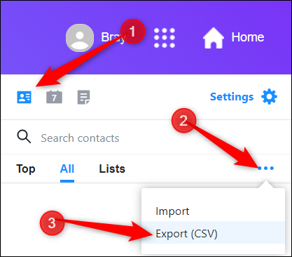 Clique no ícone de contatos, clique em Mais e, em seguida, clique em "Exportar (CSV)".