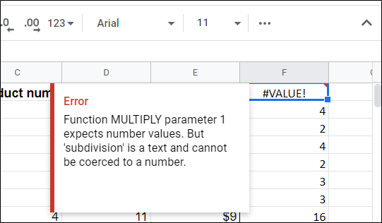 Se você tiver cabeçalhos no topo de uma tabela, verá este erro.  Isso significa apenas que a fórmula aceita apenas números inteiros como valores, não palavras.