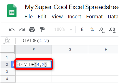 Digite "= DIVIDE (<dividend>, <divisor>)" na célula, substituindo <dividend> e <divisor> pelos dois números que deseja dividir. 