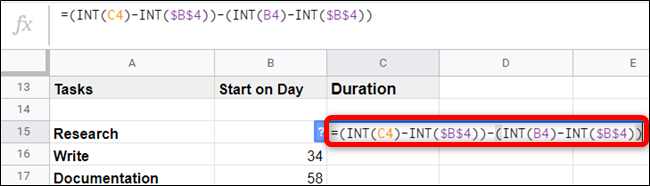 Para calcular o número de dias que cada tarefa deve durar, digite a seguinte fórmula e pressione a tecla Enter.