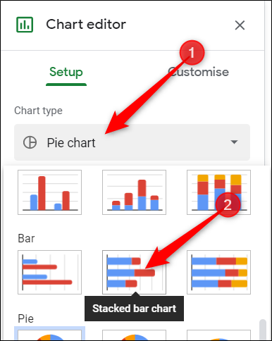 No painel do editor de gráficos, clique na caixa suspensa para o tipo de gráfico, role para baixo até o título Barra e escolha "Gráfico de barras empilhadas".