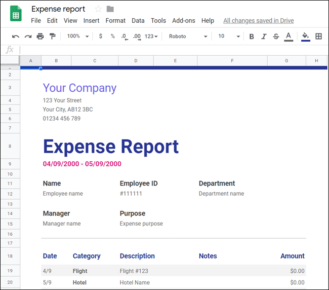 Uma planilha "Relatório de despesas" no Planilhas Google.