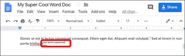 Comece a digitar e o texto virá na formatação Superscript.