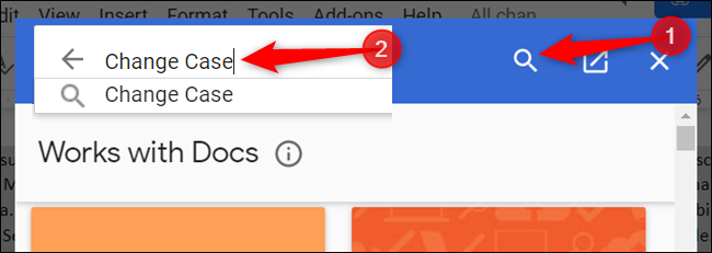 Clique no ícone da lupa, digite "Alterar maiúsculas e minúsculas" na caixa de pesquisa e pressione a tecla Enter para pesquisar o complemento.