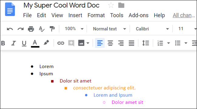 Linhas de uma lista no Google Docs em diferentes cores de fonte.