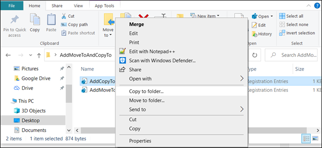 O menu de contexto do Windows 10 com "Copiar para" e "Mover para" incluídos.