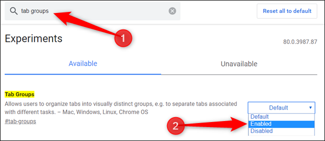 Digite “Grupos de guias” na barra de pesquisa e defina o recurso como “Ativado”.