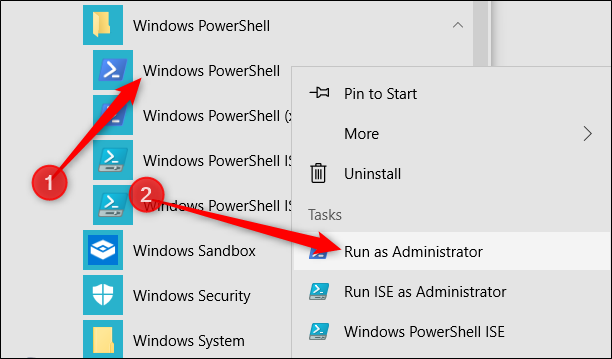 Botão direito do mouse em “Windows PowerShell” e clique em “Executar como administrador”.