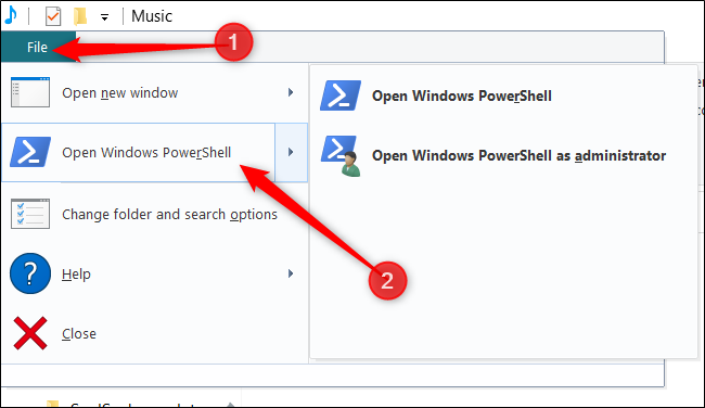 Clique em “Arquivo”, passe o mouse sobre “Abrir Windows PowerShell” e clique em sua opção preferida. 