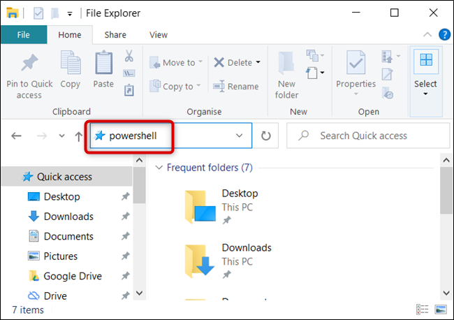 Digite “powershell” na barra de endereços do File Explorer.