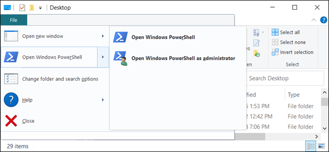 A opção "Open Windows PowerShell" no File Explorer.