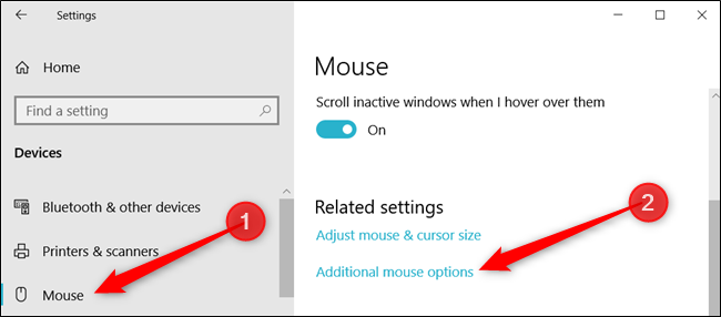 Clique em "Mouse" e em "Opções adicionais do mouse" para abrir as Propriedades do Mouse.