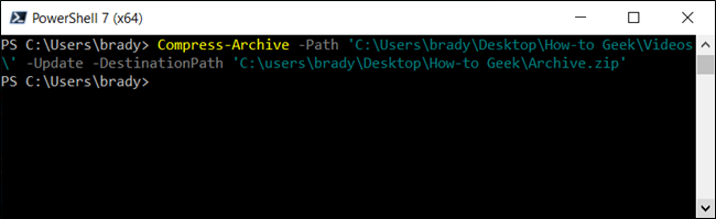 Atualize um arquivo zip já existente com o uso do parâmetro -Update.
