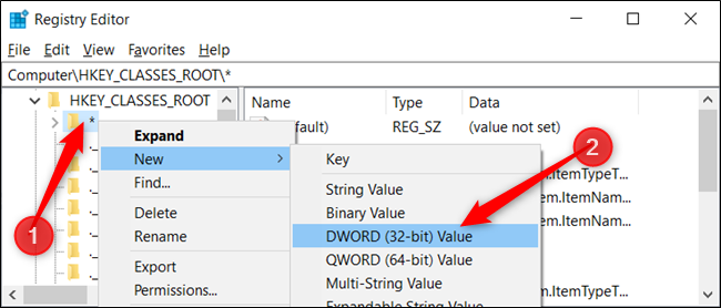 Clique com o botão direito na chave e escolha Novo> Valor DWORD (32 bits).  Nomeie o DWORD DefaultDropBehavior.