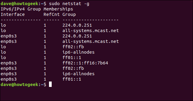 sudo netstat -g em uma janela de terminal