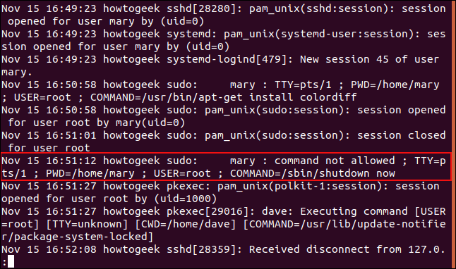 O arquivo /var/log/auth.log em uma janela de terminal