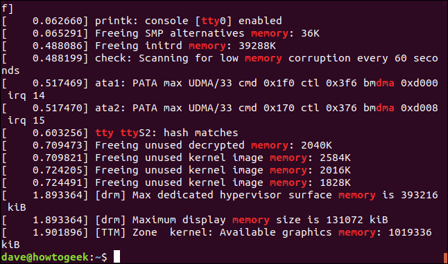 saída de sudo dmesg |  grep -E "memory | tty | dma" em uma janela de terminal