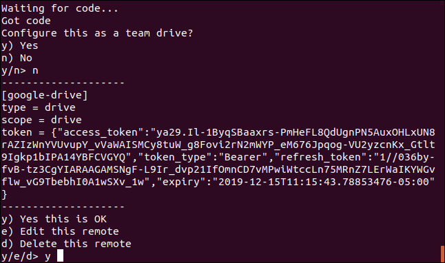 O menu rclone "sim, editar, excluir" em uma janela de terminal