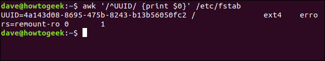 O comando "awk '/ ^ UUID / {print $ 0}' / etc / fstab" em uma janela de terminal.
