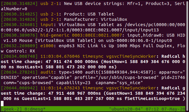 sessão tmux geek-2 executando dmesg em uma janela de terminal.