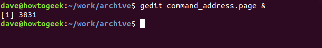 Um comando "gedit command_address.page &" em uma janela de terminal.