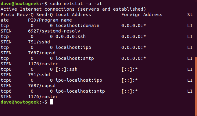 sudo netstat -p -at em uma janela de terminal