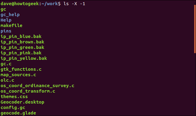 ls -X -1 em uma janela de terminal