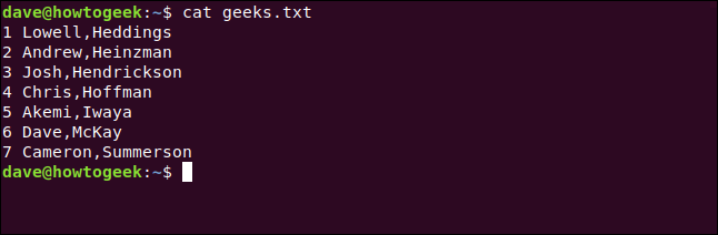 O comando "cat geeks.txt" em uma janela de terminal.