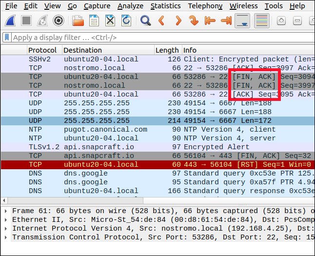 Wireshark mostrando os pacotes de handshake de quatro vias.