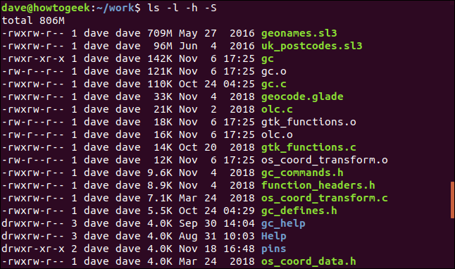 ls -l -h -S em uma janela de terminal