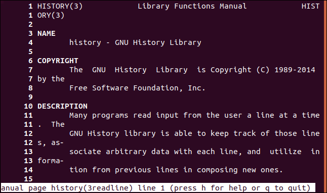 Uma página de manual com números de linha em uma janela de terminal.