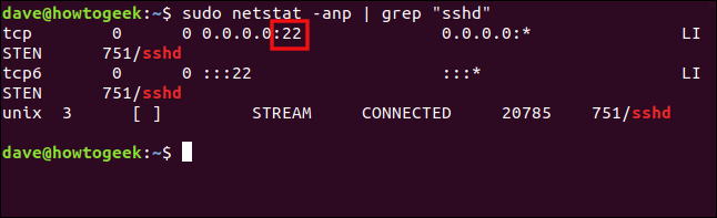 sudo netstat -anp |  grep "sshd" em uma janela de terminal