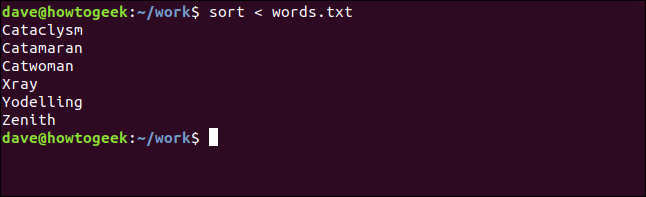 Um comando "sort <words.txt" em uma janela de terminal.