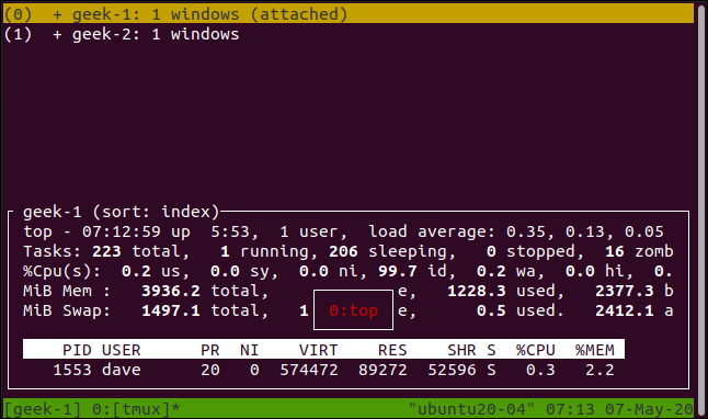 lista de sessões do tmux exibida em uma janela de terminal.