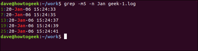 grep -m5 -n Jan geek-1.log em uma janela de terminal