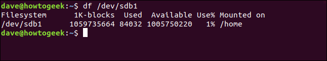 df / dev / sdb1 em uma janela de terminal