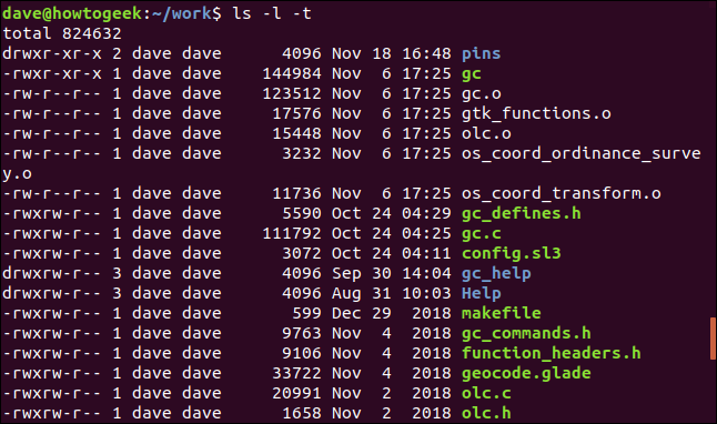 ls -l -t em uma janela de terminal