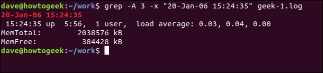 grep -A 3 -x "20-Jan-06 15:24:35" geek-1.log em uma janela de terminal