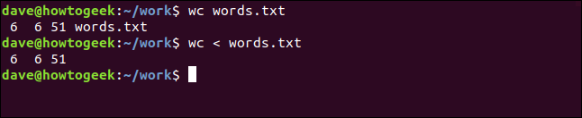 Um comando "wc words.txt" em uma janela de terminal.