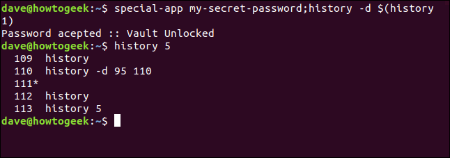 Um comando "special-app my-secret-password; history -d $ (history 1)" em uma janela de terminal.