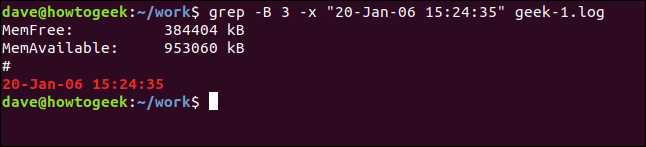 grep -B 3 -x "20-Jan-06 15:24:35" geek-1.log em uma janela de terminal