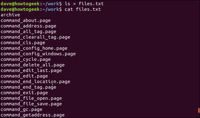 Um comando "ls> files.txt" em uma janela de terminal.