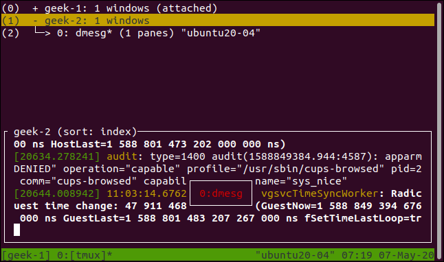 Lista de sessões tmux com detalhes da janela exibidos em uma janela de terminal.