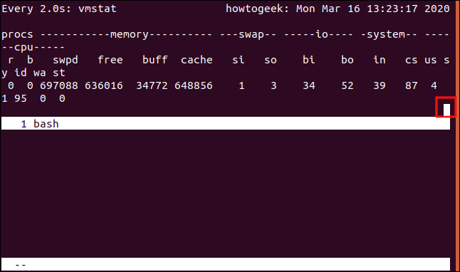 Uma sessão de janela de "tela" dividida em duas regiões horizontais em uma janela de terminal.