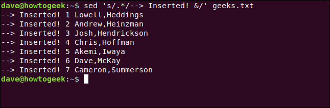 O comando "sed 's /.*/--> Inserido & /' geeks.txt" em uma janela de terminal.