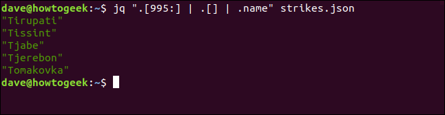 O "jq". [995:] |  . [] |  .name "strikes.json" comando em uma janela de terminal.