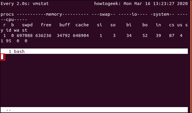 Uma sessão de janela de "tela" dividida em duas regiões horizontais com o cursor na região inferior de uma janela de terminal.