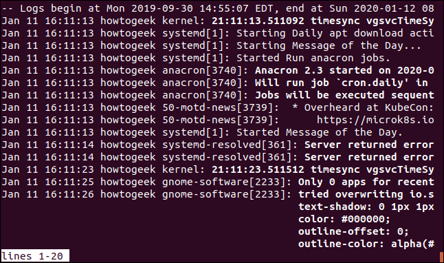 Saída de sudo journalctl -S -1d em uma janela de terminal