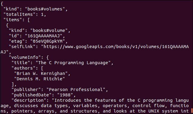 Dados da API de livros do Google exibidos em uma janela de terminal