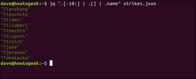 O "jq". [- 10:] |  . [] |  .name "strikes.json" comando em uma janela de terminal.